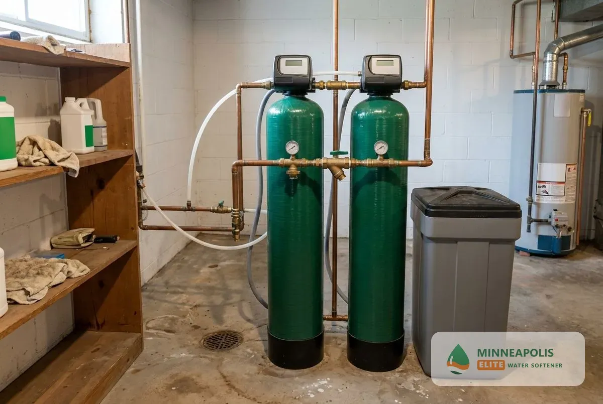 Dual tank water softener Minneapolis MN twin resin tanks