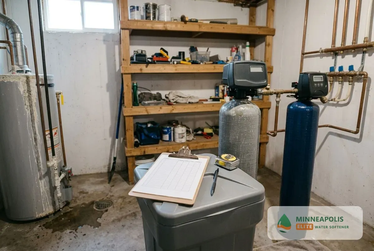 Water softener cost Minneapolis MN clipboard with an itemized estimate form on a water softener brine tank lid