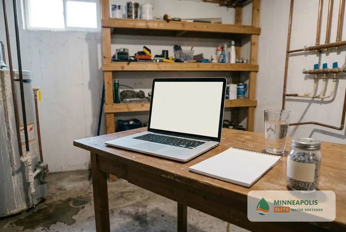 Water softener guides Minneapolis MN desk with a hardness report and a glass of water