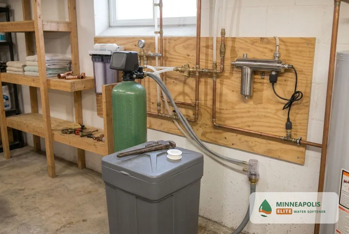 Water softener installation Minneapolis MN softener with bypass valve and drain line