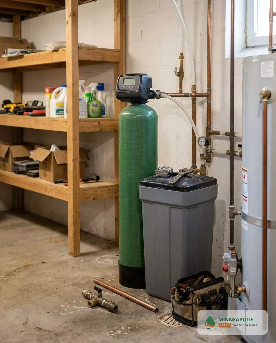 Water softener installed with bypass valve and drain line in a Minneapolis MN home