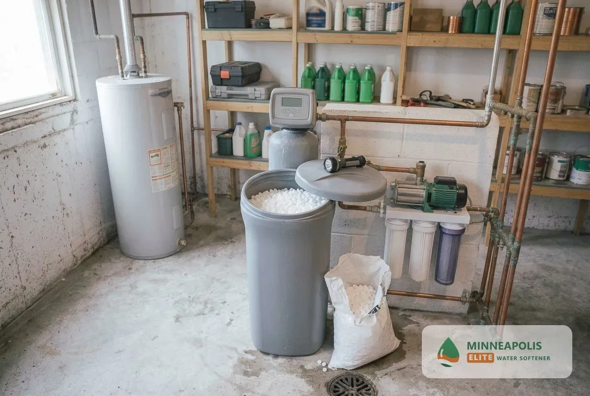 Water softener maintenance Minneapolis MN brine tank with salt pellets