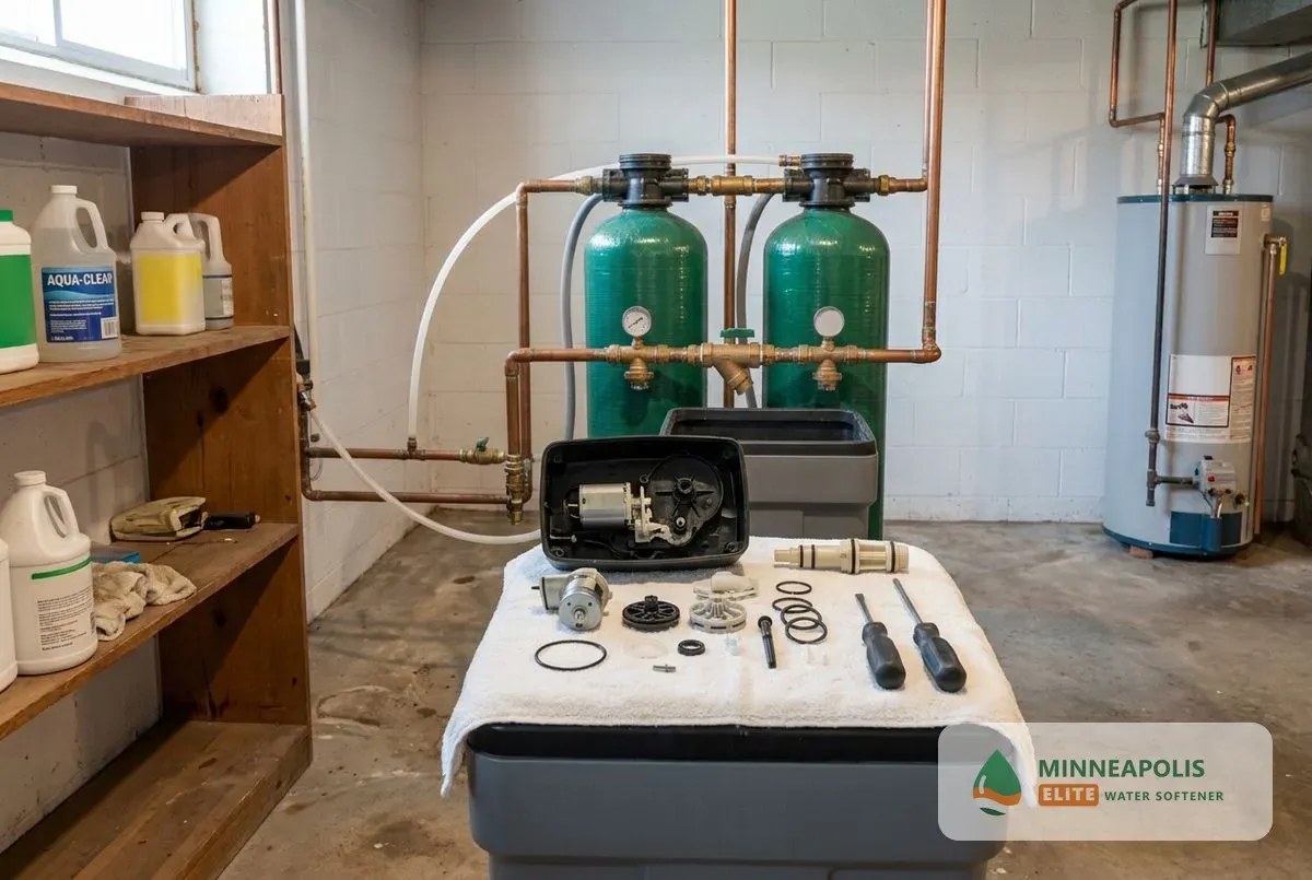 Water softener repair Minneapolis MN control head opened for service