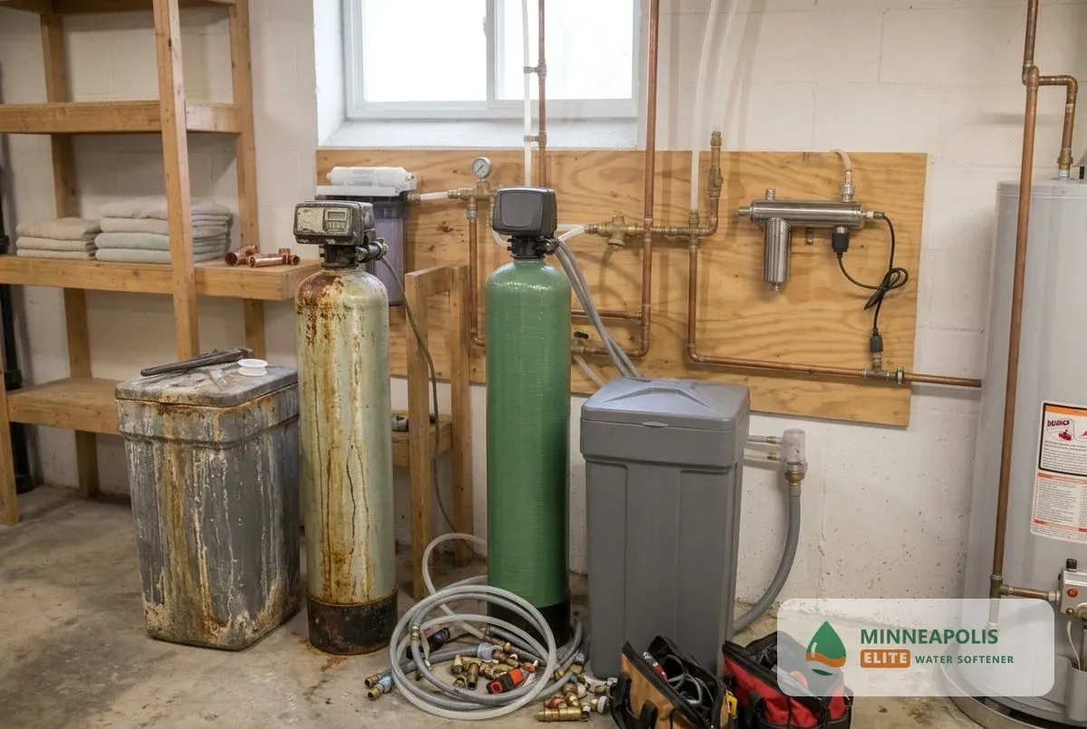 Water softener replacement Minneapolis MN old softener beside a new unit