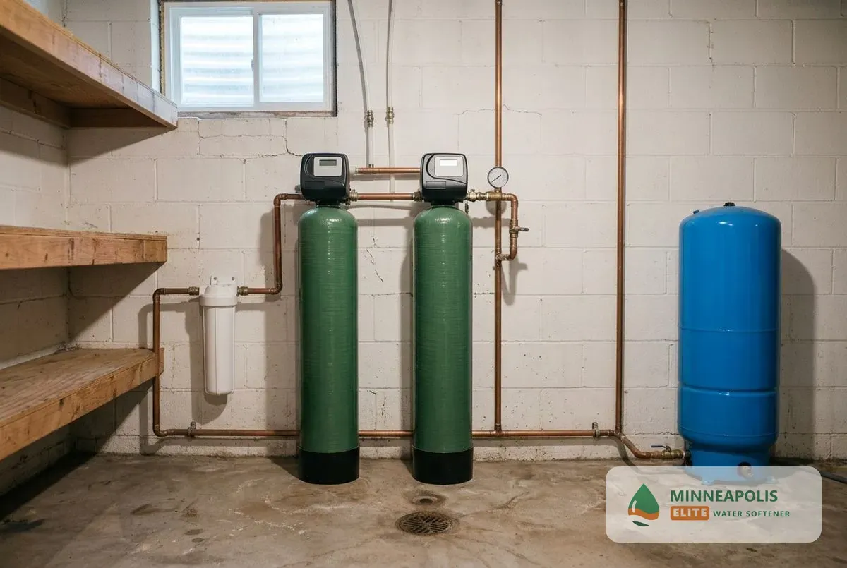 Well water softener Minneapolis MN softener and iron filter beside a pressure tank